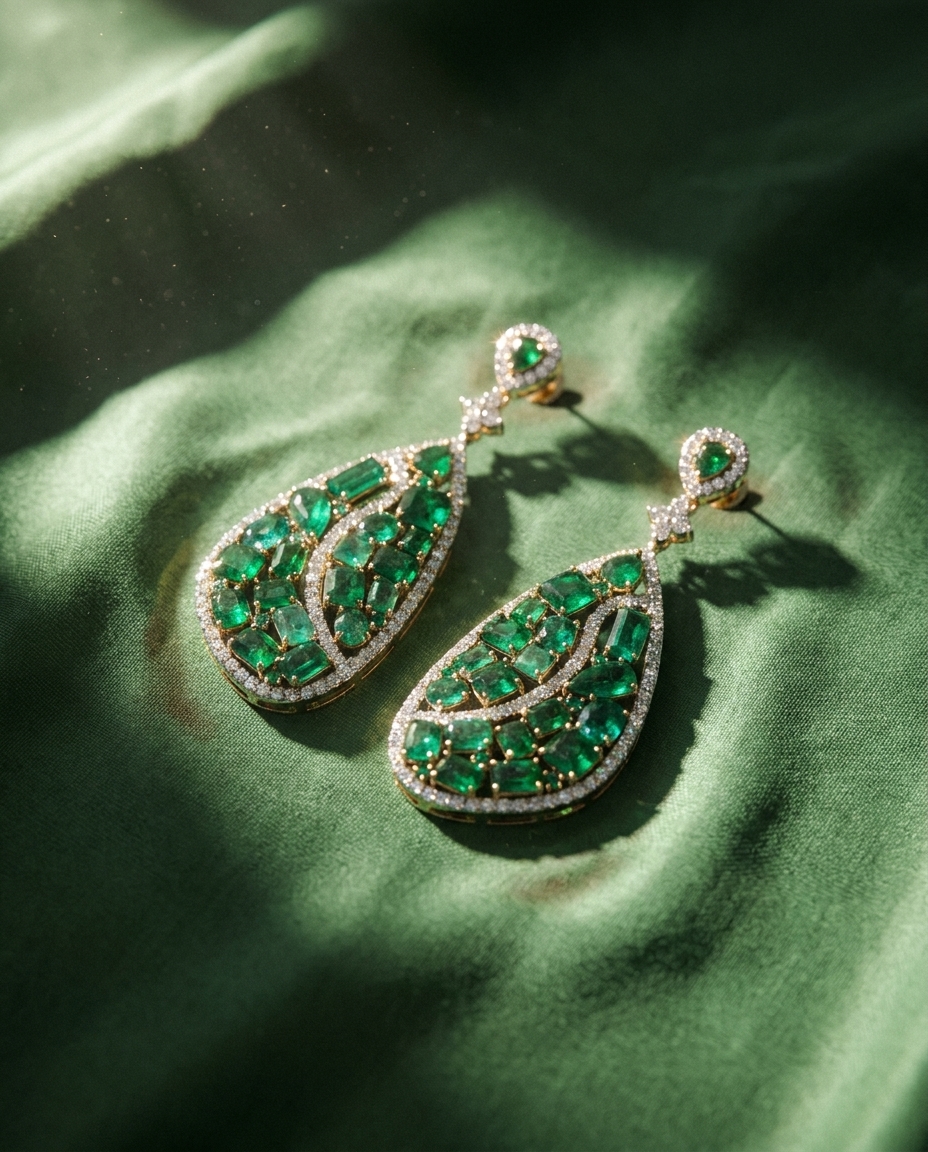 Still life — brincos esmeralda em seda verde
