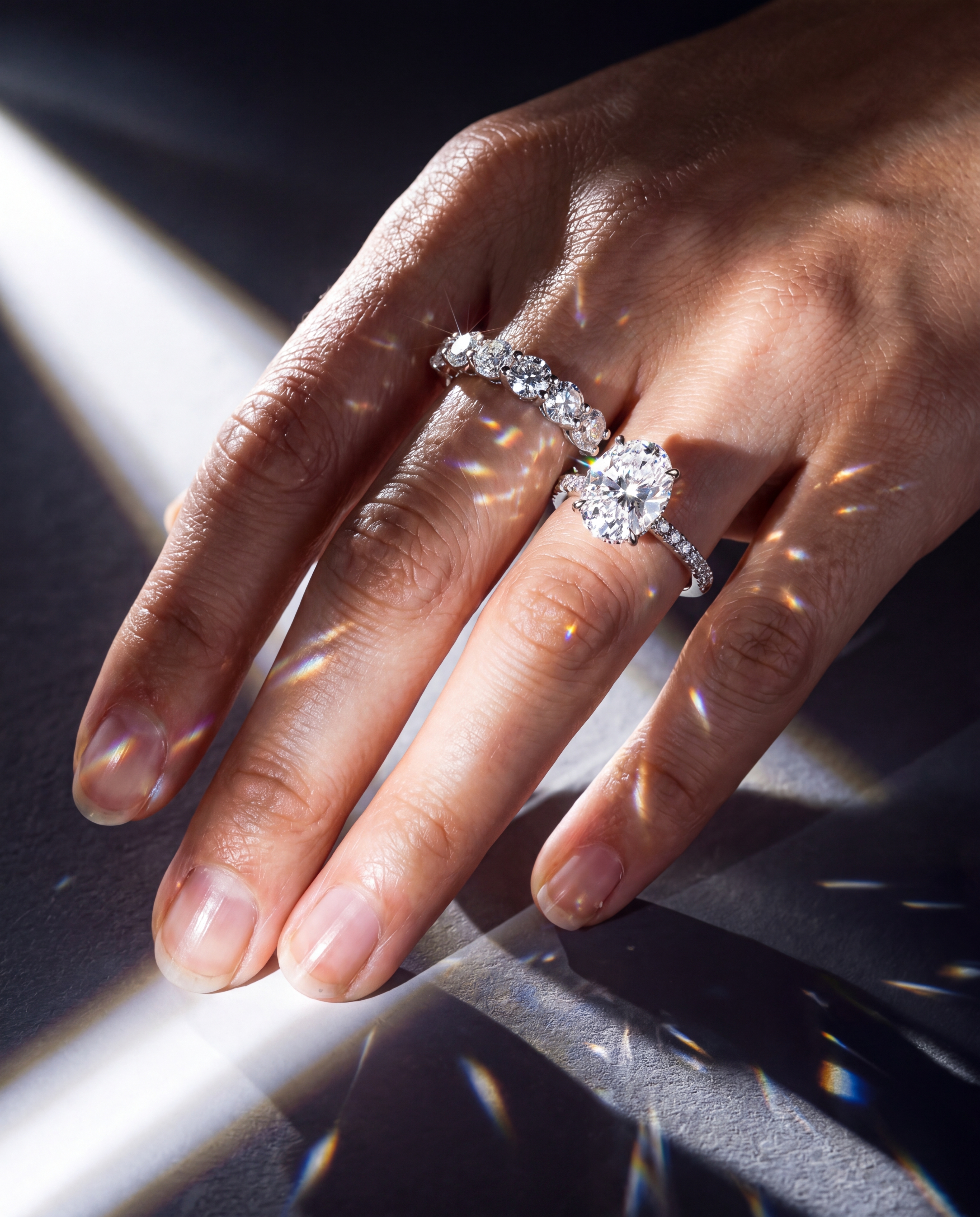 Em modelo — mão com anéis de diamante